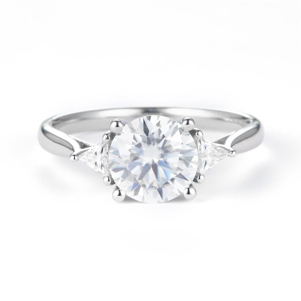 2.18 Ct. Moissanite Sterling Silver (White). Solitaire with Round Center & Trilliant Cut Side Stones Ring. (Women). Size 7.5