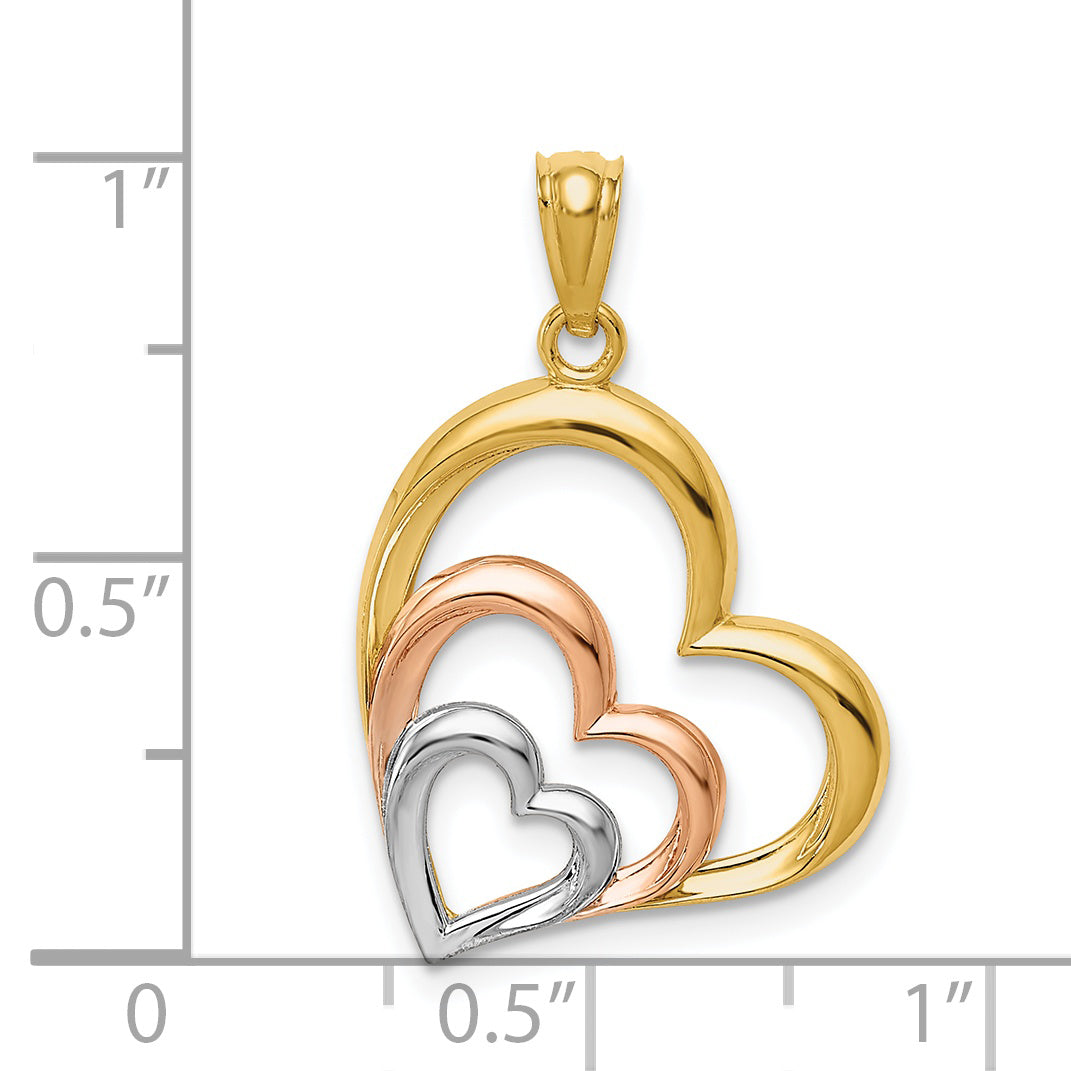 14K Two-tone and White Rhodium Polished 3 Hearts Pendant