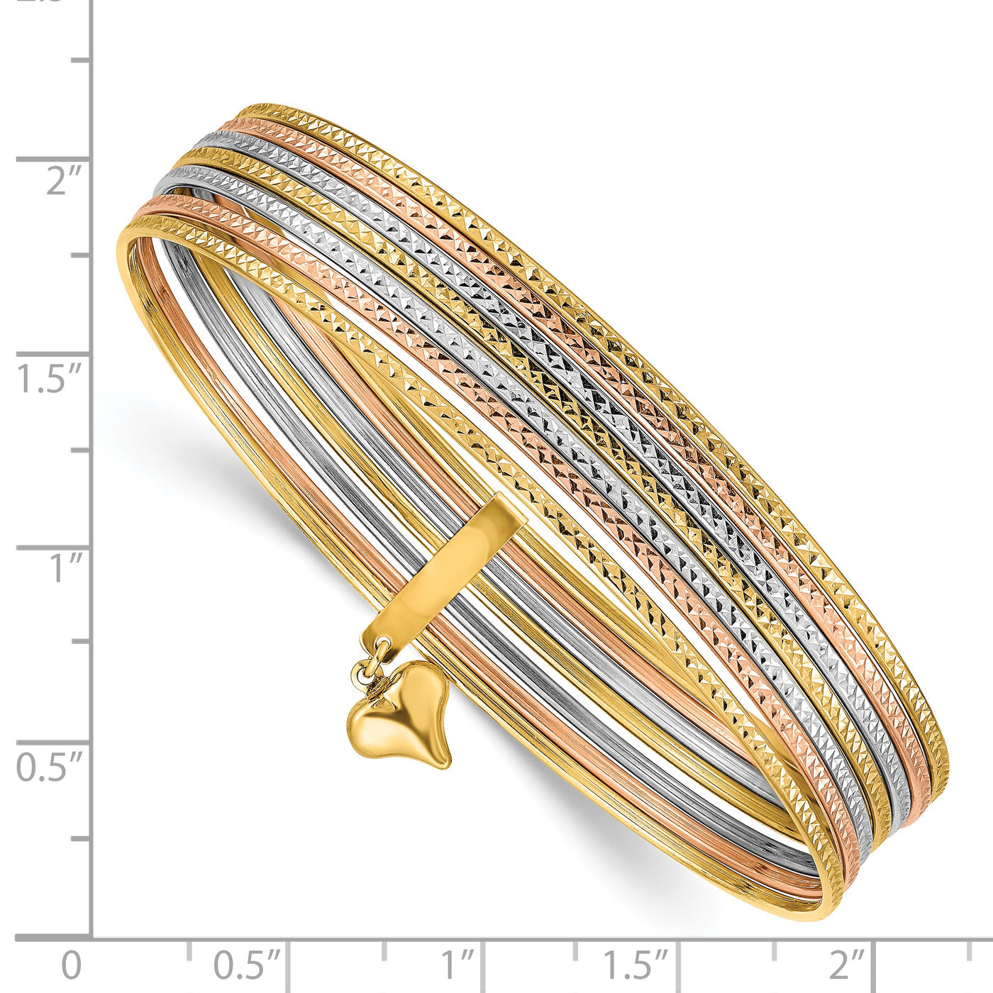 14K w/Dangle Heart Tri-color Set of 7 Textured Slip-on Bangles