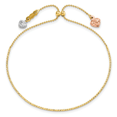 14K Tri-color D/C Heart Adjustable Bracelet