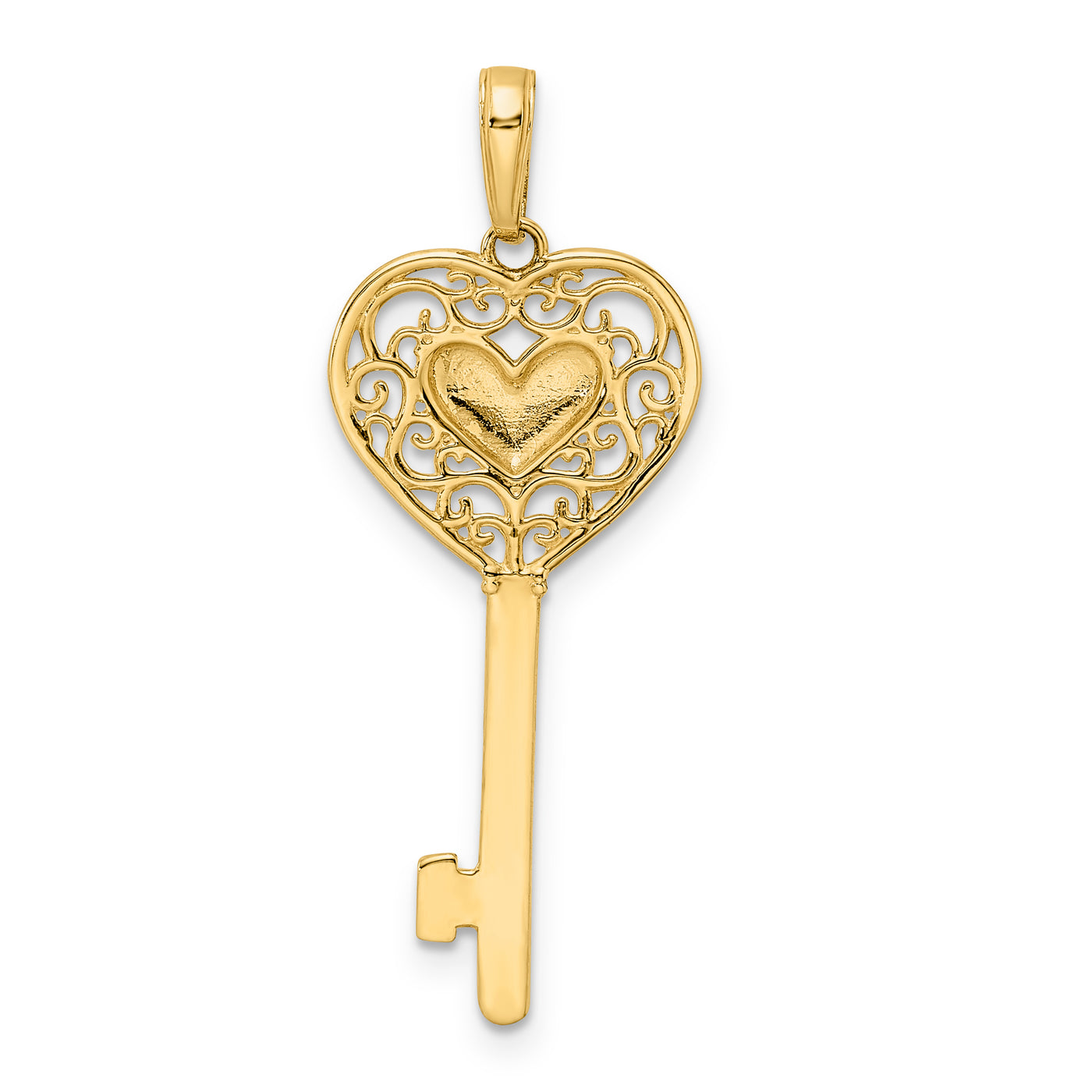 14k and White Rhodium Diamond-cut Heart Filigree Key Pendant