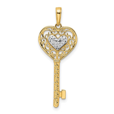 14k and White Rhodium Diamond-cut Heart Filigree Key Pendant