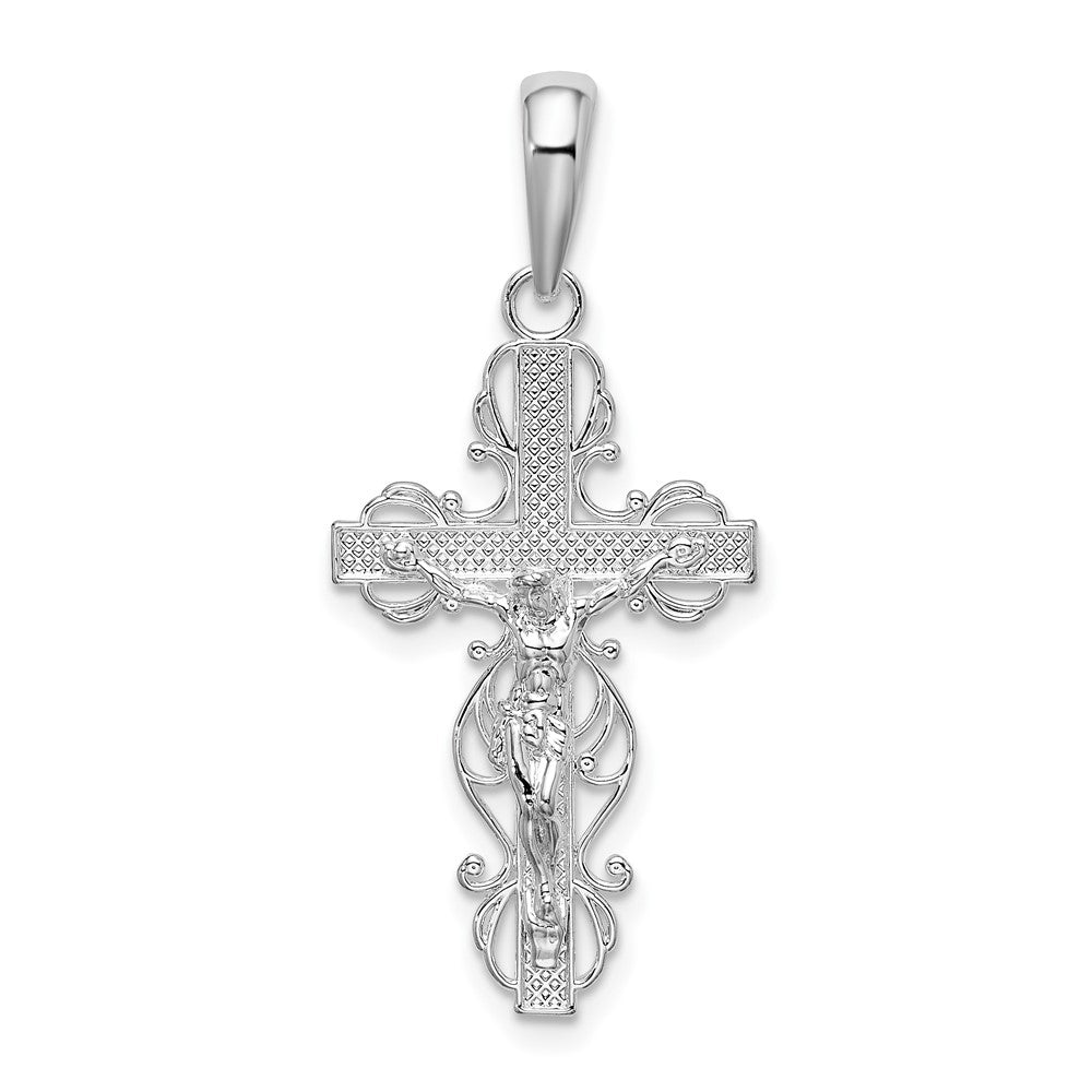 Sterling Silver Rhodium-plated Polished Lace Trim Crucifix Pendant