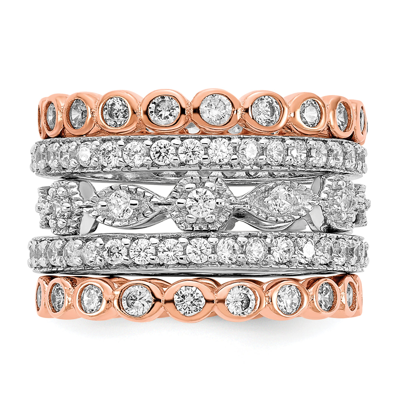 Sterling Silver Cheryl M 3 Rh-p 2 Rose Gold-plated CZ 5 Ring Set