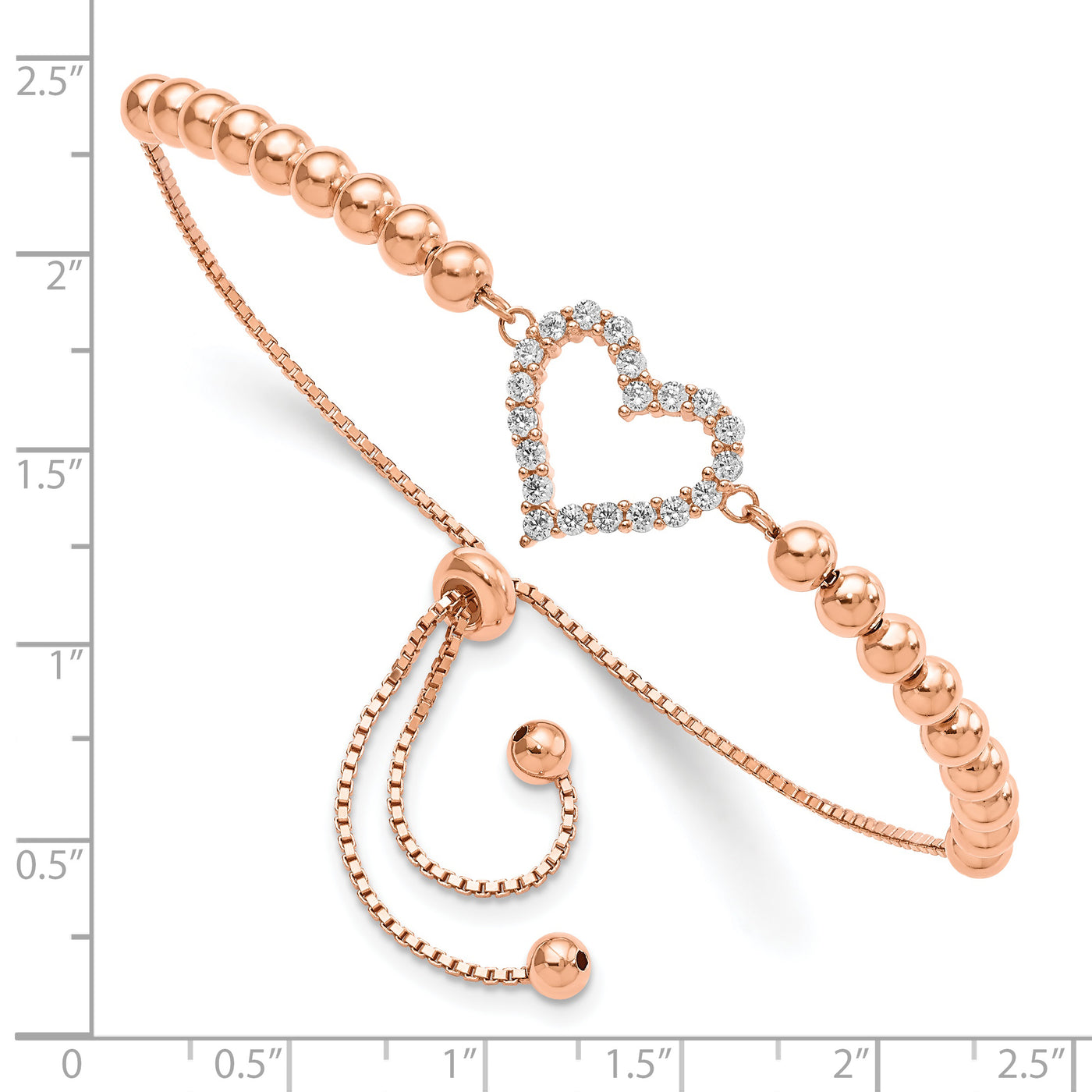 Sterling Silver Rose-tone Beaded CZ Heart Adjustable Bracelet