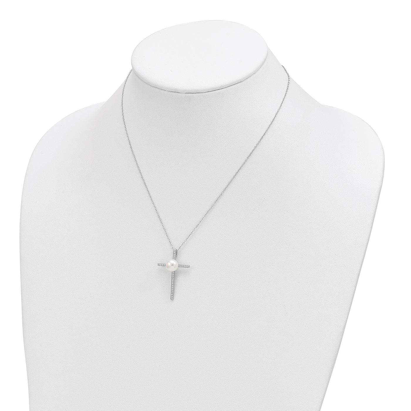 Sterling Silver Rhodium-plated 8-9mm Button FWC Pearl CZ Cross Necklace