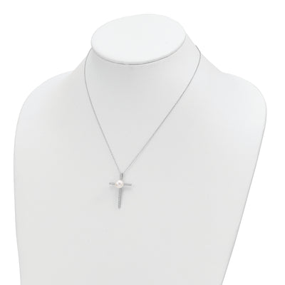 Sterling Silver Rhodium-plated 8-9mm Button FWC Pearl CZ Cross Necklace