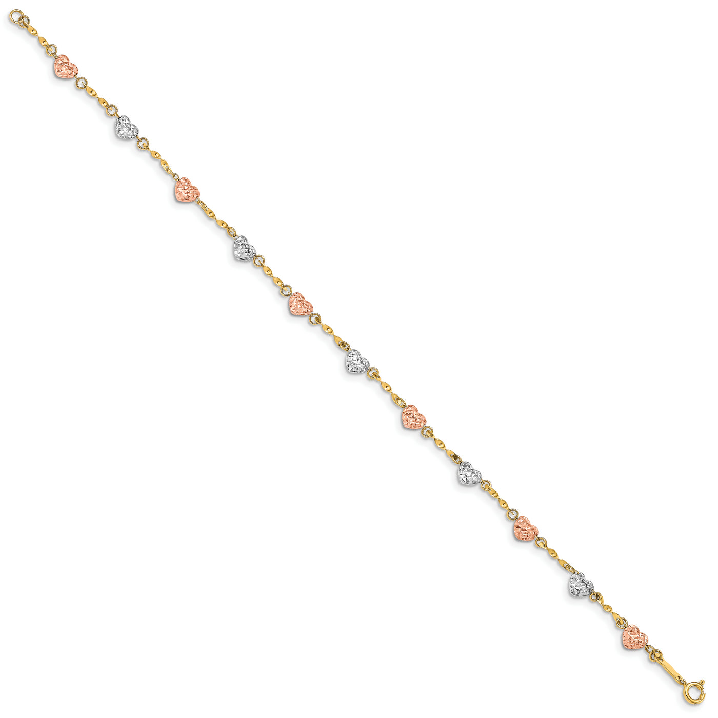 14k Tri-color Diamond-cut Puff Heart Bracelet