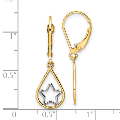 14k w/Rhodium Star in Teardrop Leverback Dangle Earrings