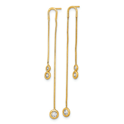 14k Yellow Gold Polished CZ Double Chain Dangle Post Earrings