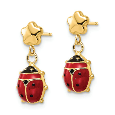 14k Polished Enameled Flower with Ladybug Post Dangle Earrings