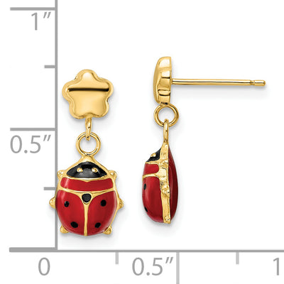 14k Polished Enameled Flower with Ladybug Post Dangle Earrings