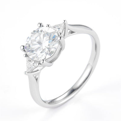 2.18 Ct. Moissanite Sterling Silver (White). Solitaire with Round Center & Trilliant Cut Side Stones Ring. (Women). Size 7.5